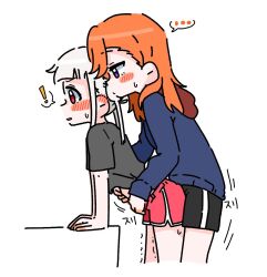 arashi_chisato black_shirt blue_eyes blue_sweater dolphin_shorts dry_humping humping long_hair long_sleeves love_live! love_live!_superstar!! orange_hair red_eyes shibuya_kanon shimikuma shirt short_sleeves shorts sweater visible_ears white_hair yuri