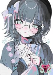 1girl :3 absurdres artist_name beret black_hair black_nails blunt_bangs blush bow bowtie closed_mouth collar eyelashes eyeshadow floral_print flower frilled_collar frilled_sleeves frills glasses green_eyes hair_bow hair_flower hair_ornament hairclip hat head_tilt highres jacket japanese_clothes jewelry kimono long_sleeves looking_at_viewer makeup medium_hair mole mole_under_mouth multiple_rings nail_polish original pink_eyeshadow ring round_eyewear shibakure_inuwo shirt short_hair simple_background smile solo upper_body white_background white_bow white_bowtie