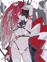 Rule 34 | 1girl, absurdres, arm up, baobhan sith (fate), baobhan sith (swimsuit pretender) (third ascension) (fate), bikini, breasts, earrings, fate/grand order, fate (series), flower, grey eyes, hair flower, hair ornament, highres, hiyakamosirenai, jewelry, long hair, looking at viewer, navel, pink hair, pointy ears, side ponytail, solo, swimsuit, tiara, veil, white bikini, white flower