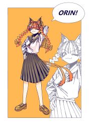 1girl ;3 absurdres alternate_costume animal_ears arm_behind_head black_sailor_collar black_skirt braid brown_shoes cat_ears cat_girl full_body highres kaenbyou_rin miso_konbu neckerchief one_eye_closed orange_background pleated_skirt red_neckerchief sailor_collar shirt shoes side_braids simple_background skirt speech_bubble standing touhou twin_braids white_shirt zoom_layer