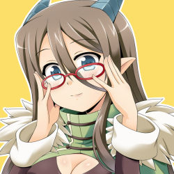 Rule 34 | 1girl, blue eyes, breasts, brown hair, cleavage, female focus, glasses, horns, long hair, looking at viewer, medium breasts, pixiv fantasia, pixiv fantasia 4, pointy ears, red-framed eyewear, simple background, smile, solo, upper body, uraichishi, yellow background