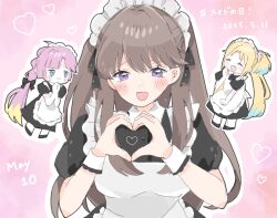 Rule 34 | 3girls, :3, :d, ^ ^, alternate costume, anyoji hime, apron, black dress, blonde hair, blue hair, blush, breasts, brown hair, chibi, chibi inset, closed eyes, closed mouth, collared dress, colored tips, commentary request, contrast collar, crying, crying with eyes open, dated, dress, enmaided, eyebrows hidden by hair, fang, frilled apron, frills, fujishima megumi, hair intakes, hashtag, heart, highres, kawaiine airi, link! like! love live!, long hair, looking at viewer, love live!, maid, maid apron, maid day, maid headdress, medium breasts, mira-cra park!, multicolored hair, multiple girls, open mouth, osawa rurino, outline, parted bangs, pink background, pink hair, puffy short sleeves, puffy sleeves, raised inner eyebrows, short sleeves, smile, split mouth, tears, twintails, two side up, upper body, virtual youtuber, white apron, white outline
