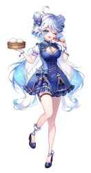 1girl steamed_bun blue_dress blue_eyes blue_hair breasts dress eating food fruit furina_(genshin_impact) genshin_impact hair_between_eyes hayun high_heels highres holding holding_food long_hair looking_at_viewer medium_breasts multicolored_hair one_eye_closed open_mouth smile solo strawberry vision_(genshin_impact) white_background white_hair