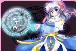1girl arch_bishop_(ragnarok_online) blue_dress blue_eyes bow breasts cleavage cleavage_cutout clothing_cutout commentary_request cowboy_shot cross dress flower grey_hair guuya hair_bow hair_flower hair_ornament juliet_sleeves long_hair long_sleeves looking_at_viewer magic_circle open_mouth pink_bow puffy_sleeves purple_flower ragnarok_online sash smile solo two-tone_dress v-shaped_eyebrows white_dress yellow_sash