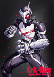 Rule 34 | 1boy, absurdres, antennae, ark driver, armor, asymmetrical horns, belt, black bodysuit, bodysuit, broken helmet, character name, chinese commentary, commentary request, cropped legs, energy, fish.boy, gauntlets, glowing, glowing eye, highres, horns, kamen rider, kamen rider 01 (series), kamen rider ark-one, male focus, mask, red eyes, reiwa, rider belt, sample watermark, shoulder pads, solo, tokusatsu, watermark, white armor