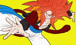 1boy abs biceps blue_eyes body_fur brown_fur dragon_ball dragon_ball_gt fusion fusion_dance gogeta male_focus metamoran_vest monkey_boy monkey_tail muscular muscular_male no_nipples pectorals percentage05 red_hair simple_background solo spiked_hair super_saiyan super_saiyan_4 tail yellow_background