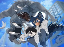 Rule 34 | 2boys, animal ears, animal feet, animal hands, black hair, blue eyes, blue hair, building, city, collar, commentary, deviidog0, falling, fang, highres, hood, hoodie, male focus, midair, monster, monster boy, multiple boys, original, outdoors, purple eyes, short hair, skyscraper, symbol-only commentary, tail