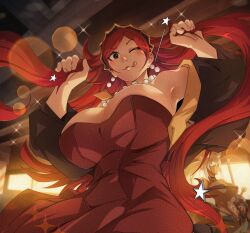 2girls alternate_hairstyle animal_ears black_eyes breasts bunching_hair cat_ears cleavage dark-skinned_female dark_skin dress eyepatch ghislaine_dedoldia grey_hair highres hilda_boreas_greyrat jewelry large_breasts legs looking_at_viewer mature_female midriff multiple_girls mushoku_tensei navel necklace one_eye_closed orphen_(pink_seito) playing_with_own_hair ponytail red_hair smile thighs toned tongue tongue_out twintails unbuttoned_pants unzipped unzipped_pants wink