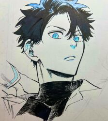 1boy black_hair black_shirt blue_eyes closed_mouth collared_shirt cropped_shoulders fate/grand_order fate_(series) fujimaru_ritsuka_(male) hand_on_own_shoulder high_collar highres long_sleeves looking_at_viewer maripaka shirt short_hair solo traditional_media