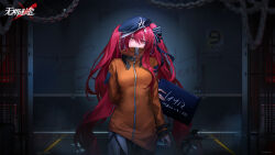 1girl against_wall arm_behind_back black_bow black_hat black_pantyhose bow breasts newsboy_cap chain character_name copyright_name covered_mouth cowboy_shot hair_between_eyes hair_bow hat high_collar highres holding holding_sign ignis_(path_to_nowhere) indoors jacket logo long_hair long_sleeves looking_at_viewer medium_breasts mugshot official_art official_wallpaper orange_eyes orange_jacket pantyhose path_to_nowhere prison_cell prison_clothes red_hair sign solo twintails very_long_hair zipper zipper_pull_tab