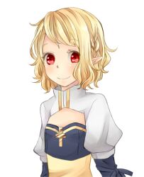 Rule 34 | 1girl, arch bishop (ragnarok online), blonde hair, blush, cleavage cutout, closed mouth, clothing cutout, commentary request, cross, dress, flat chest, juliet sleeves, long sleeves, looking at viewer, meiko (nattu303), pointy ears, puffy sleeves, ragnarok online, red eyes, sash, short hair, simple background, smile, solo, two-tone dress, upper body, wavy hair, white background, white dress, yellow sash