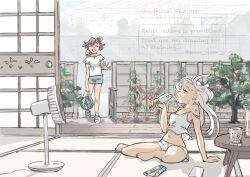 2girls absurdres bare_legs blue_shorts camisole closed_eyes commentary_request cup day electric_fan food fruit gundam gundam_suisei_no_majo highres holding hots_(gundam_suisei_no_majo) house kon_osm long_hair miorine_rembran multiple_girls on_floor open_mouth outdoors popsicle red_hair shirt short_sleeves shorts shouji sitting sliding_doors smile strap_slip suletta_mercury summer tatami tomato watermark watermelon waving white_camisole white_hair white_shirt white_shorts