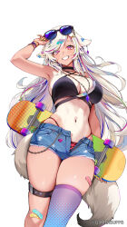 Rule 34 | 1girl, amekaji gyaru, armpits, bandaid, bandaid on knee, bandaid on leg, bandaid on thigh, bare shoulders, bikini, black bikini, black choker, bracelet, breasts, choker, cleavage, commentary, copyright name, cutoffs, denim, denim shorts, ear tag, ein (foxyreine), english commentary, eyebrow piercing, eyewear on head, face piercing, fox girl, foxyreine, from below, gamer supps, grin, gyaru, highleg, highleg bikini, highres, holding, holding skateboard, jewelry, large breasts, long eyelashes, long hair, looking at viewer, mole, mole on breast, navel, necklace, open fly, original, piercing, pink eyes, short shorts, shorts, simple background, skateboard, skindentation, smile, solo, swimsuit, tail, tan, tanline, teeth, thigh strap, thighs, very long hair, white background, white hair