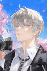 1boy absurdres blue_eyes blue_sky camera cherry_blossoms collared_shirt grey_hair hair_between_eyes highres holding holding_camera liang_(lisha5668920) long_sleeves looking_to_the_side love_and_deepspace male_focus necktie shirt short_hair sky solo striped_necktie teeth xavier_(love_and_deepspace)