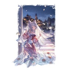 1girl animal_ears bare_shoulders braid bridal_veil dress erune fraux fraux_(formal)_(granblue_fantasy) granblue_fantasy grey_hair high_heels long_hair looking_at_viewer minaba_hideo official_art petals red_dress red_eyes smile solo stairs veil