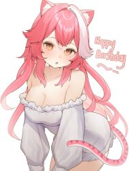 1girl animal_ears blush breasts cleavage collarbone commentary english_commentary english_text hair_intakes happy_birthday highres hololive hololive_english large_breasts leaning_forward long_hair looking_at_viewer multicolored_hair off-shoulder_sweater off_shoulder open_mouth panther_ears panther_girl panther_tail pink_hair raora_panthera simple_background solo streaked_hair sweater szuukie tail thighs two-tone_hair virtual_youtuber white_background white_sweater yellow_eyes