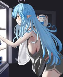 1girl absurdres ahoge black_background black_shirt black_shorts blue_hair breasts cowboy_shot elf heart heart_ahoge highres hololive large_breasts oversized_clothes oversized_shirt pointy_ears refrigerator shirt shorts sideboob simple_background solo_focus sweat virtual_youtuber winvita yellow_eyes yukihana_lamy yukimin_(yukihana_lamy)