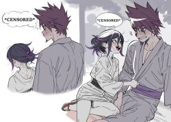 2boys alternate_costume alternate_hairstyle black_hair blush danganronpa_(series) danganronpa_v3:_killing_harmony facial_hair goatee hair_between_eyes highres japanese_clothes kimono long_sleeves male_focus miri_(bossu_osu) momota_kaito multiple_boys nape oma_kokichi sandals speech_bubble spiked_hair yaoi