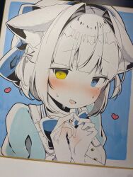 1girl @_@ alternate_costume animal_ear_fluff animal_ears beret blue_background blue_bow blue_dress blue_eyes blunt_bangs blush border bow commentary_request dress ears_down embarrassed enmaided fang fidgeting frown hair_intakes hat hat_bow heart heterochromia highres index_fingers_together komugi-chan_(komugi) komugi_(2212) looking_at_viewer maid marker_(medium) millipen_(medium) mole mole_under_eye nervous_sweating nose_blush original outside_border pen_(medium) photo_(medium) portrait short_hair skin_fang sweat traditional_media two_side_up white_border white_hair white_hat yellow_eyes