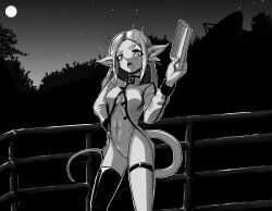 1girl ? alien bottomless breasts burger character_request dialogue_box doodle_inset english_text food forehead forest full_moon greyscale high_collar highres holding holding_tray long_hair long_sleeves long_tail looking_at_viewer medium_breasts momoiro_(momoiro_tosagare) monochrome moon nature navel night night_sky open_mouth outdoors pointy_ears pussy radio_antenna railing science_fiction shrimp sky solo standing star_(sky) starry_sky tail thick_eyebrows thighhighs thighs tray voices_of_the_void whiskers