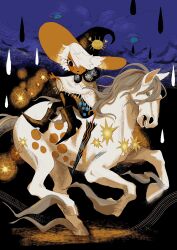 1girl animal black_eyes boots cloud crab full_body hair_over_one_eye hat highres horse horseback_riding momomo_906 original outdoors poncho rain riding short_hair skirt solo white_hair witch_hat