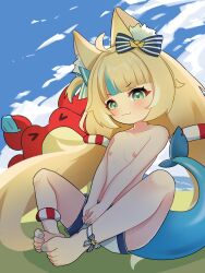 1girl animal_ears blonde_hair blush bow cat_ears day feet flat_chest fukai_(fukai0224) green_eyes hair_bow highres indie_virtual_youtuber loli long_hair multicolored_hair nipples nude original partially_undressed sameko_saba sitting sky smile solo solo_focus tail virtual_youtuber