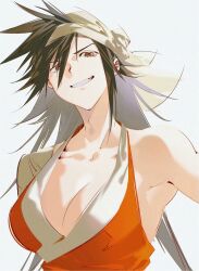 1girl amputee armpits backless_dress backless_outfit bandaged_arm bandaged_head bandages black_hair bleach breasts brown_eyes cleavage collarbone dress ebi_draw green_eyes grin hair_between_eyes highres large_breasts long_hair looking_at_viewer mature_female multicolored_eyes red_dress revealing_clothes shiba_kuukaku single_bare_shoulder single_sidelock smile solo spiked_hair striped_clothes striped_dress two-tone_eyes white_background white_stripes