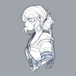 1girl belt_buckle breasts buckle ciri commentary english_commentary grey_background hair_bun highres looking_to_the_side medium_breasts monochrome sandragh shirt short_hair signature simple_background sketch solo sword sword_on_back the_witcher_(series) the_witcher_3 upper_body weapon weapon_on_back white_hair white_shirt