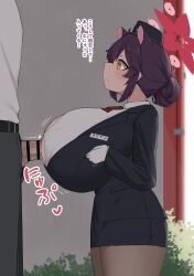 1boy 1girl absurdres animal_ears bar_censor black_hair blue_archive blush breasts censored check_translation clothed_sex clothes grabbing_own_breast head_out_of_frame height_difference hetero highres huge_breasts japanese_text kaede_(blue_archive) kaede_(guide)_(blue_archive) large_penis long_hair looking_at_viewer noe_(ppppriver) open_mouth paizuri paizuri_under_clothes penis perpendicular_paizuri sensei_(blue_archive) shortstack smile standing_paizuri translated translation_request veins veiny_penis yellow_eyes