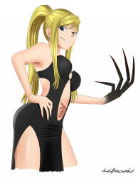 Rule 34 | 1girl, ass, black dress, blonde hair, blue eyes, dress, earrings, female focus, fullmetal alchemist, highres, jewelry, katzueki, long hair, lust (fma), navel, o-ring, ponytail, possessed, signature, solo, tattoo, thighs, winry rockbell