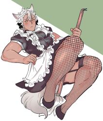 1boy :&lt; adjusting_apron alternate_costume animal_ears apron asymmetrical_bangs between_thighs black_dress blush bow button_gap calves collared_shirt crossdressing dark-skinned_male dark_skin dress enmaided fishnet_thighhighs fishnets floating full_body garter_straps green_background grey_hair grey_tail hair_slicked_back high_heels holding holding_mop jack_howl looking_at_viewer looking_down maid maid_apron maid_headdress male_focus mop muscular neck_ribbon ribbon shiny_skin shirt short_dress short_eyebrows short_hair short_sleeves simple_background solo tail thick_thighs thighhighs thighs twisted_wonderland two-tone_background user_phxr4227 v-shaped_eyebrows white_background wolf_boy wolf_ears wolf_tail yellow_eyes