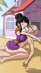 age_difference ass beach breasts cheating_(relationship) chi-chi_(dragon_ball) closed_eyes completely_nude cowgirl_position dragon_ball dragonball_z female_pervert glasses hetero highres kame_house large_breasts legs legs_apart long_legs love_making mature_female mature_male muscular muscular_male muten_roushi netorare nude pervert sex straddling vaginal
