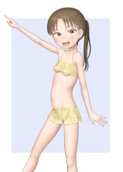 Rule 34 | 1girl, absurdres, bare legs, bikini, blush, breasts, brown eyes, brown hair, fang, feet out of frame, female focus, highres, looking at viewer, medium hair, navel, open mouth, original, paid reward available, pointing, sc naru, small breasts, smile, solo, swimsuit, thighs, underboob, yellow bikini