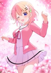 1girl ;d absurdres blush cherry_blossoms eins_9 flower gochuumon_wa_usagi_desu_ka? hair_flower hair_ornament hairclip highres hoto_cocoa hoto_cocoa&#039;s_school_uniform jacket long_hair long_sleeves miniskirt one_eye_closed open_clothes open_jacket open_mouth pink_flower pink_jacket pink_theme pleated_skirt purple_eyes sailor_collar school_uniform shirt skirt smile solo standing very_long_hair white_sailor_collar white_shirt white_skirt