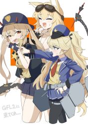 Rule 34 | 3girls, animal ears, armor, artist name, black gloves, black hat, black skirt, black vest, blonde hair, blue eyes, blue hat, blue jacket, blue skirt, blush, cardigan, closed eyes, collared shirt, commentary request, cropped legs, demon horns, fang, fingerless gloves, fur-trimmed vest, fur trim, girls&#039; frontline, gloves, goggles, goggles on head, gun, hand on own hip, hat, highres, holding, holding gun, holding weapon, horns, jacket, long hair, looking at another, m500 (girls&#039; frontline), m870 (girls&#039; frontline), mechanical tail, mg6 koyakezm, multiple girls, open mouth, orange eyes, peaked cap, pleated skirt, pump action, red scarf, remington 870, scarf, shield module, shirt, shotgun, simple background, skin fang, skirt, smile, super-shorty (girls&#039; frontline), sweatdrop, tail, teeth, twitter username, two-tone background, upper teeth only, vest, weapon, white shirt, yellow cardigan, yellow shirt