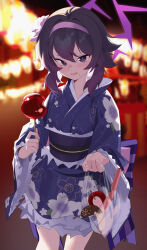 Rule 34 | 1girl, absurdres, bag, blue archive, blue kimono, blurry, blurry background, candy apple, festival, food, frilled kimono, frills, hairband, halo, haruka (blue archive), highres, holding, holding bag, holding candy apple, japanese clothes, kimono, obi, print kimono, purple eyes, purple hair, purple hairband, purple halo, sash, summer festival, wako (1194433260), yukata