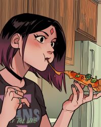 1girl black_eyes blush dc_comics eating food gabriel_picolo gabriel_picolo_(artist) pizza purple_hair purple_lips purple_nails raven_(dc) solo surprised teen_titans