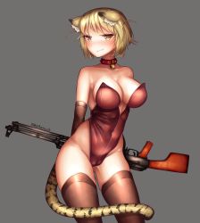 animal_ears bell blonde_hair bsapricot cameltoe cat_ears choker collar fang gun highres image_sample kittysuit leotard light_machine_gun machine_gun neck_bell nontraditional_playboy_bunny playboy_bunny rpk rpk_(upotte!!) tail thighhighs tiger_tail twitter_sample twitter_username upotte!! weapon yellow_eyes