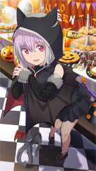 1girl :d animal_ears animal_hood balloon black_cape black_dress black_shoes black_sleeves burger cape checkered_floor cupcake detached_sleeves dress fake_animal_ears fishnet_pantyhose fishnets food full_body fur-trimmed_sleeves fur_trim game_cg gridman_universe halloween highres holding holding_polearm holding_weapon hood hood_up hooded_dress indoors jack-o&#039;-lantern macaron medium_hair official_art open_mouth pantyhose pink_hair polearm red_eyes shinjou_akane shoes smile solo ssss.gridman third-party_source trident weapon wing_cape