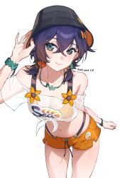 1girl absurdres awakari belle_(summer_skies)_(zenless_zone_zero) belle_(zenless_zone_zero) bikini bikini_top_under_shirt bikini_under_clothes bikini_under_shorts blue_hair bowl bowl_hat bracelet breasts bucket_hat closed_mouth green_eyes hair_ornament hat highres jewelry letter_hair_ornament looking_at_viewer navel off-shoulder_shirt off_shoulder official_alternate_costume orange_bikini orange_shorts see-through_clothes see-through_shirt shirt short_hair short_shorts short_twintails shorts smile solo swimsuit tied_shirt twintails white_shirt zenless_zone_zero