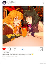 2girls ahoge animal_ears arm_on_table blake_belladonna blush brown_jacket cat_ears drinking_straw drinking_straw_in_mouth english_text glass highres instagram jacket juice long_hair mechanical_arms multiple_girls orange_scarf purple_eyes rwby scarf short_hair single_mechanical_arm white_jacket yang_xiao_long yellow_eyes yellow_nicky yuri