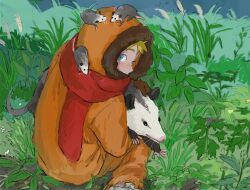 1boy animal animal_on_head blonde_hair blue_eyes blush fur-trimmed_jacket fur_trim grass holding holding_animal hood hood_up jacket kenny_mccormick male_focus nature on_head opossum orange_jacket orange_pants outdoors pants plant red_scarf scarf sitting solo south_park ume-bayashi wariza