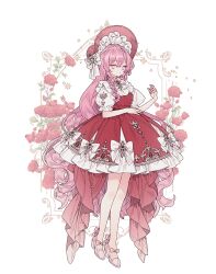 1girl asymmetrical_sidelocks bonnet bow commentary commission curly_hair double-parted_bangs dress floral_background flower frilled_dress frills full_body gem hat high_heels juliet_sleeves lemon89h lolita_fashion long_hair long_sleeves looking_at_viewer original pink_eyes pink_hair puffy_short_sleeves puffy_sleeves red_bonnet red_brooch red_flower red_gemstone red_rose rococo_movement rose shoes short_dress short_sleeves sidelocks solo standing standing_on_one_leg very_long_hair white_bow