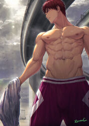 1boy cloud cloudy_sky cowboy_shot flare highres kagami_taiga kuroko_no_basuke lens_flare male_focus navel nipples outdoors pectorals red_hair red_shorts shorts signature sky solo sun toned toned_male topless_male two-tone_shorts zawar379