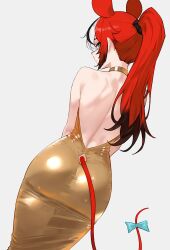 1girl absurdres alternate_costume alternate_hairstyle animal_ears ass back backless_dress backless_outfit black_hair blue_eyes bluefield bow clothing_cutout colored_tips commentary dress from_behind gold_dress golden_week hakos_baelz high_ponytail highres hololive hololive_english long_hair looking_at_viewer looking_back median_furrow mouse_ears mouse_girl mouse_tail multicolored_hair ponytail red_hair simple_background sleeveless sleeveless_dress solo streaked_hair symbol-only_commentary tail tail_bow tail_ornament tail_through_clothes virtual_youtuber white_hair