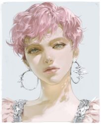 1girl earrings green_eyes highres jewelry lips nose original pink_hair realistic short_hair solo upper_body vlfdus_0