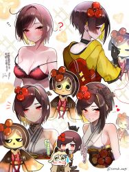 &gt;_&lt; 2girls ? bare_shoulders black_gloves blonde_hair blush bra breasts brown_hair chiori_(genshin_impact) cleavage closed_mouth collarbone colored_inner_hair commentary_request double_strap_slip genshin_impact gloves grey_kimono hair_ornament hand_up highres holding_sewing_needle japanese_clothes kimono kirara_(genshin_impact) looking_at_viewer medium_breasts multicolored_hair multiple_girls multiple_views orange_eyes red_bra sanada_nagi tamoto_(genshin_impact) translation_request twitter_username underwear