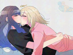 2girls adversarial_noise azusawa_kohane black_hair black_shirt blue_hair blush brown_hair closed_eyes closed_mouth cuddling gradient_hair grey_background hand_on_another&#039;s_waist highres kiss lilyburglar long_hair lying_on_person multicolored_hair multiple_girls pink_shirt project_sekai reference_inset shiraishi_an shirt short_sleeves yuri
