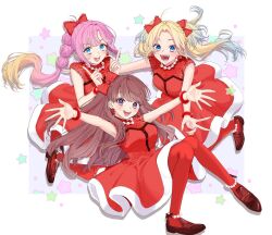 3girls :d ahoge anklet anyoji_hime azuma_(no488888) bead_anklet beads blonde_hair blue_eyes blue_hair blunt_bangs border bow bracelet breasts brown_hair brown_shoes cleavage commentary do!_do!_do!_(love_live!) dress fangs floating_hair fujishima_megumi full_body gradient_hair hair_bow hair_intakes highres index_fingers_together jewelry large_breasts link!_like!_love_live! loafers long_hair looking_at_viewer love_live! medium_breasts medium_dress mira-cra_park! multi-tied_hair multicolored_hair multiple_girls official_alternate_costume open_hands open_mouth osawa_rurino outside_border outstretched_arms pantyhose parted_bangs pink_hair ponytail purple_background purple_eyes red_bow red_dress red_pantyhose see-through_cleavage see-through_clothes shoes sidelocks smile star_(symbol) star_symbol_background swept_bangs teeth twintails two_side_up upper_teeth_only v-shaped_eyebrows very_long_hair virtual_youtuber white_border