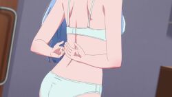 1girl animated anime_screenshot ass back bathroom blue_bra blue_eyes blue_hair blue_panties bra breasts cleavage glasses highres indoors legs long_hair medium_breasts mirror open_bra panties panty_pull shiunji-ke_no_kodomotachi shiunji_seiha shoulder_blades sideboob sound tagme underwear undressing video